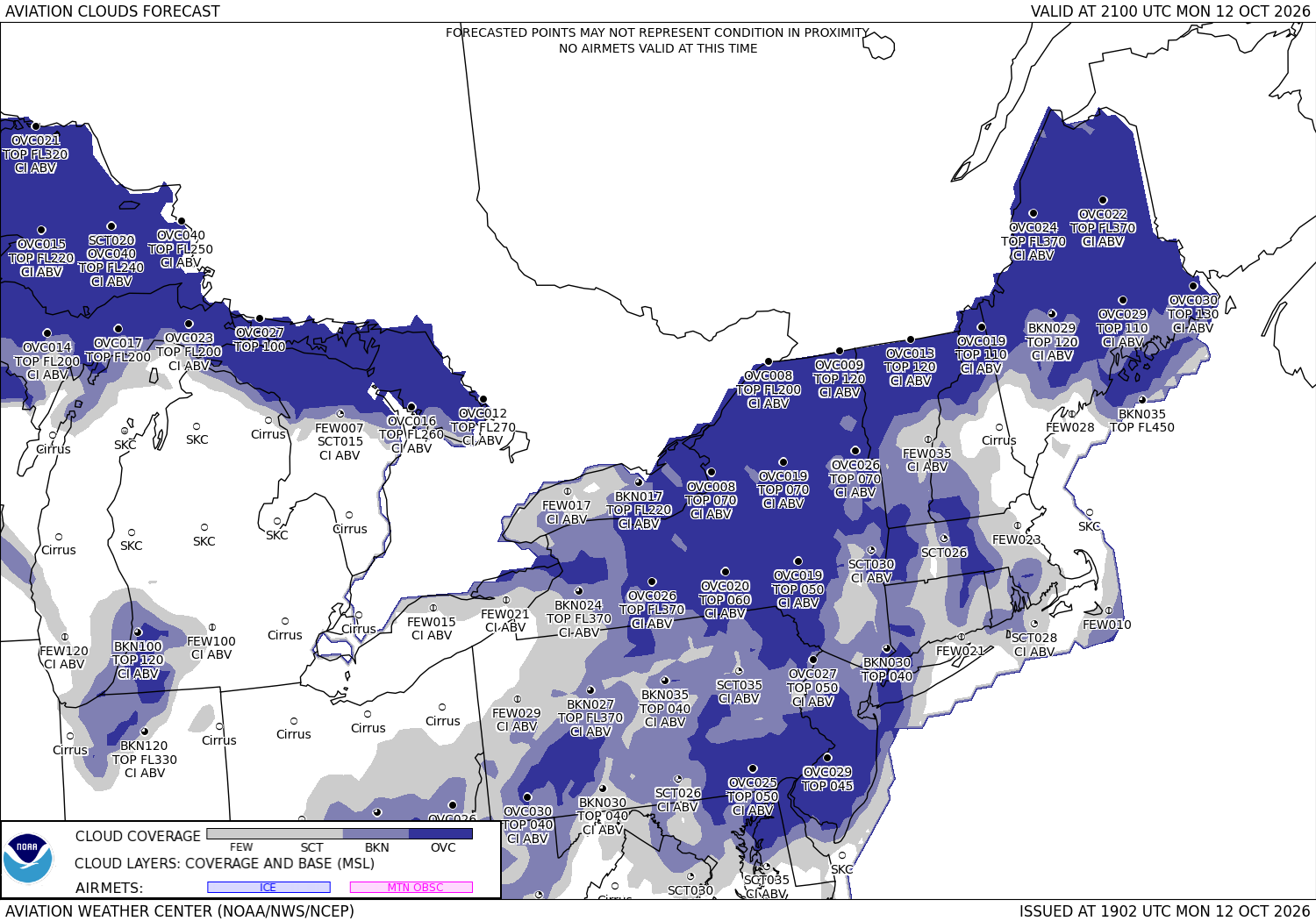 Aviation forecast, clouds and visibility, the Northeast, 3 hours ahead
