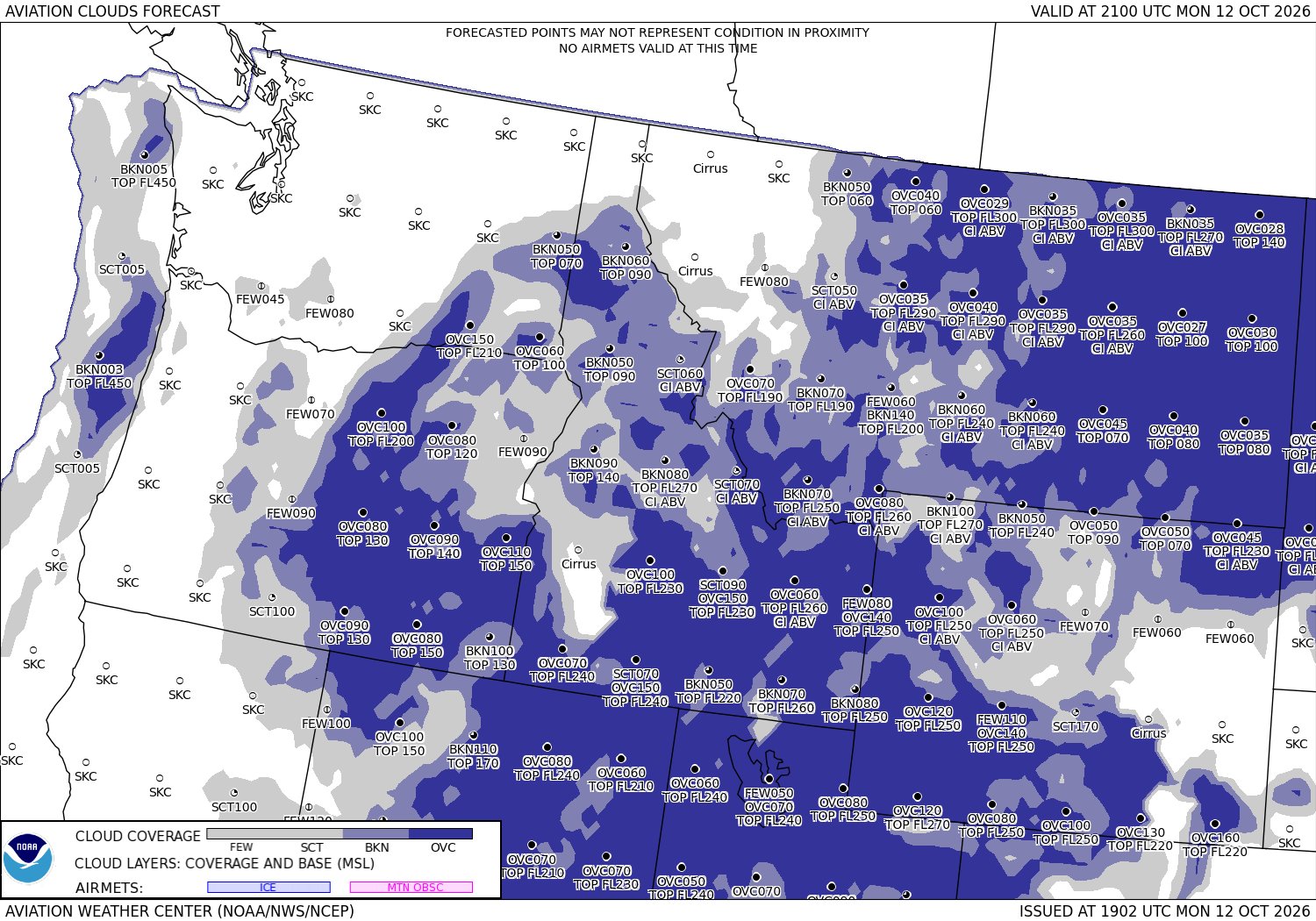 Aviation forecast, clouds and visibility, the Northwest, 3 hours ahead