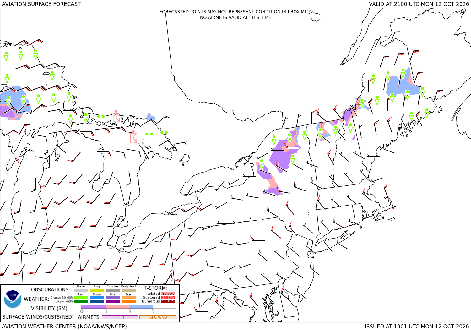Aviation forecast, surface weather, the Northeast, 3 hours ahead