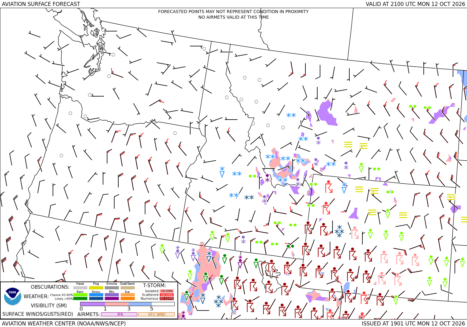 Aviation forecast, surface weather, the Northwest, 3 hours ahead
