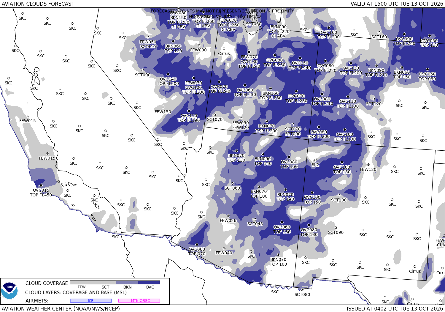 Aviation forecast, clouds and visibility, the Southwest, 12 hours ahead