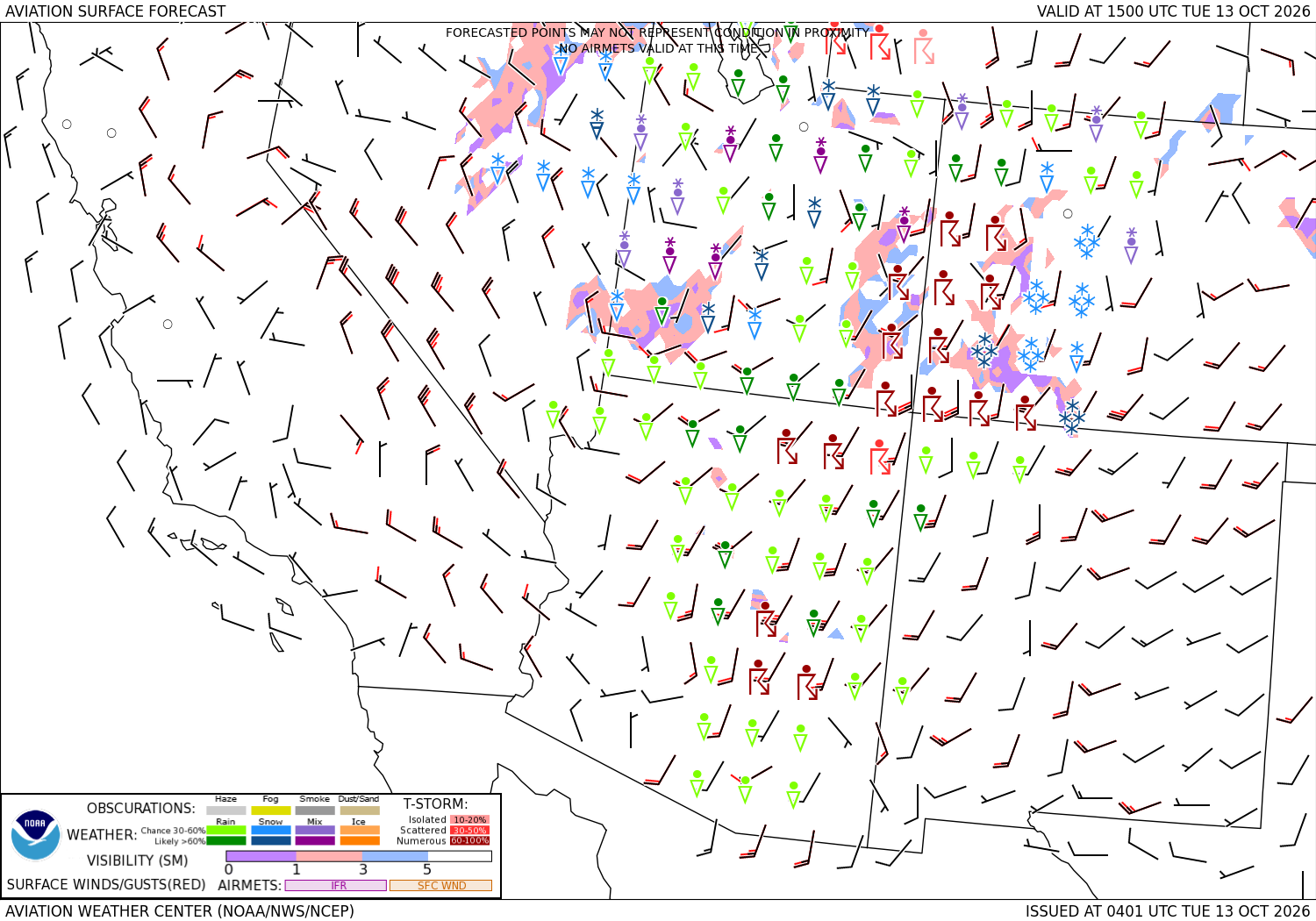 Aviation forecast, surface weather, the Southwest, 12 hours ahead