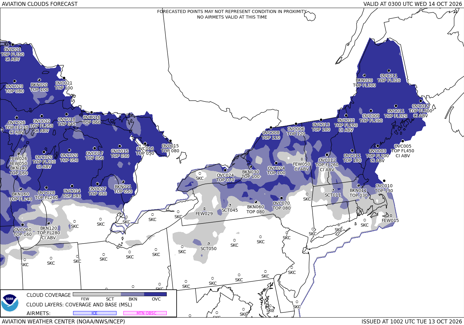 Aviation forecast, clouds and visibility, the Northeast, 18 hours ahead
