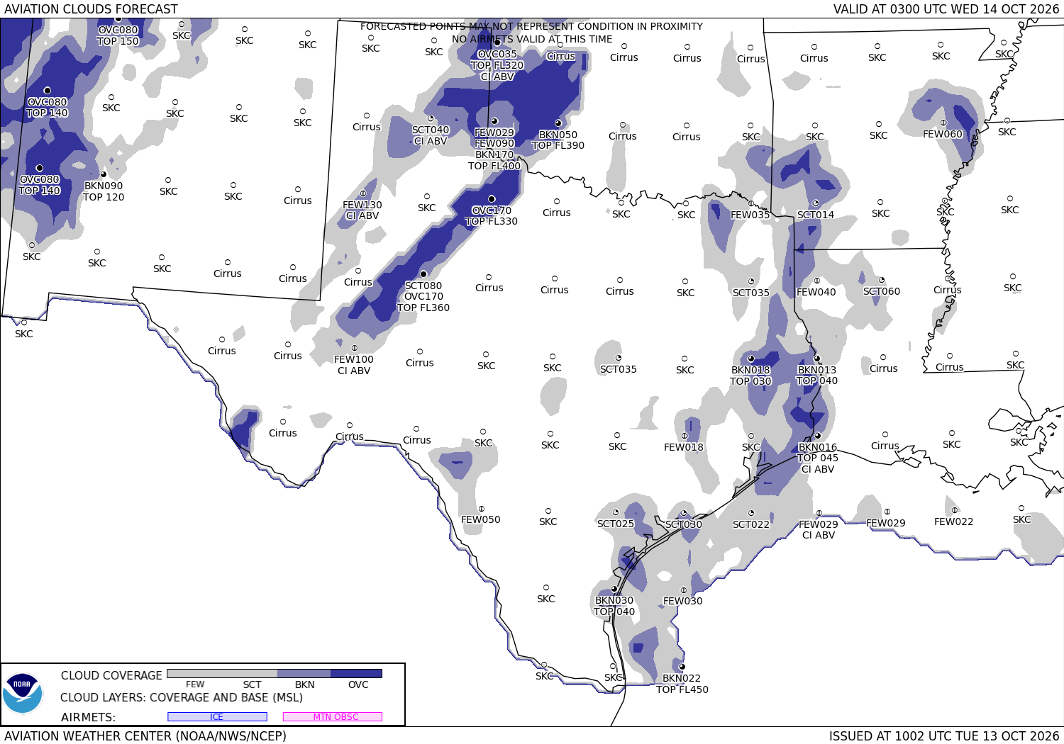 Aviation forecast, clouds and visibility, the south-central states, 18 hours ahead