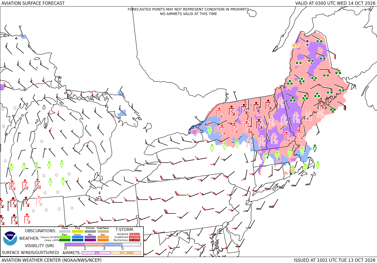 Aviation forecast, surface weather, the Northeast, 18 hours ahead