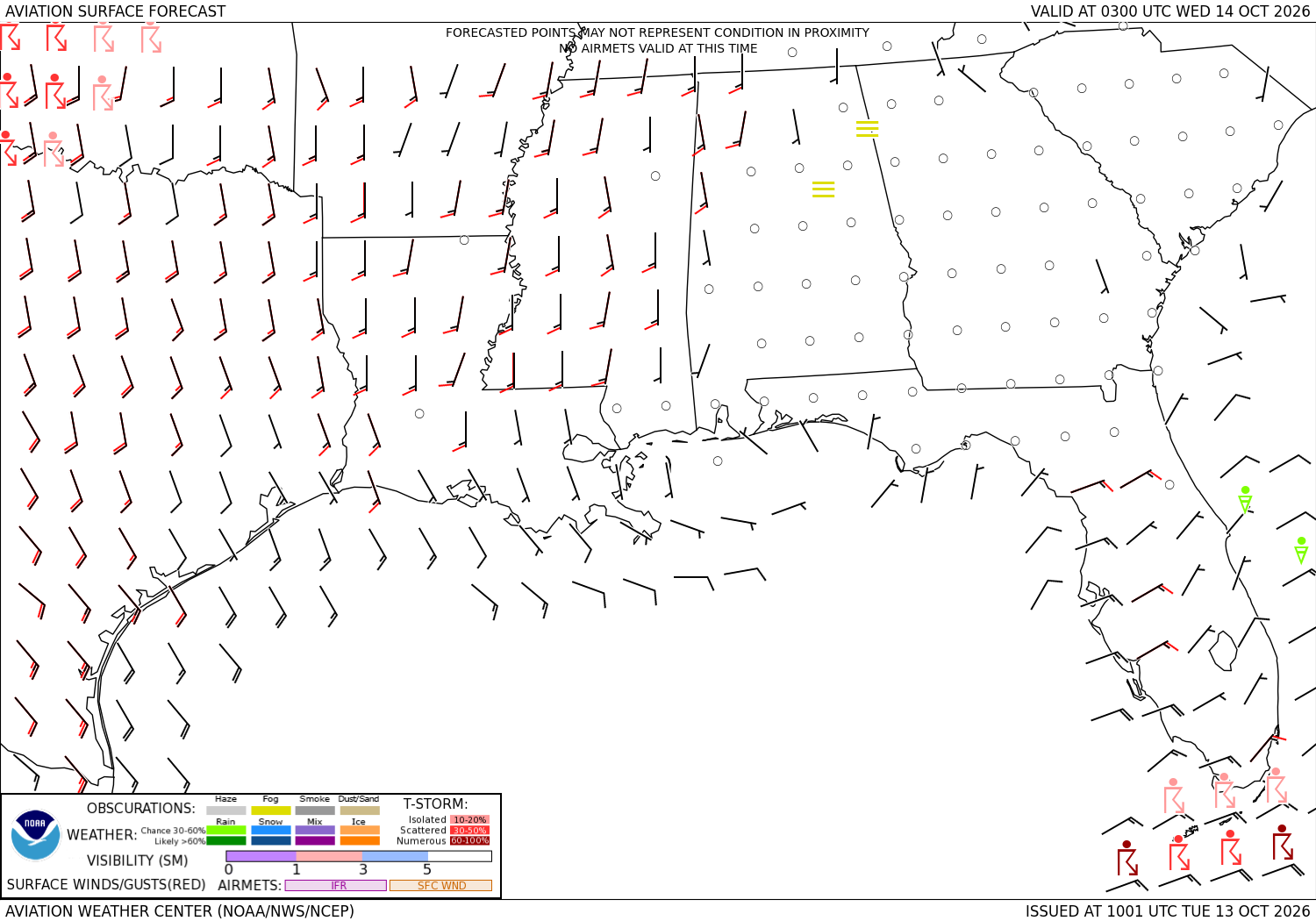 Aviation forecast, surface weather, the Southeast, 18 hours ahead